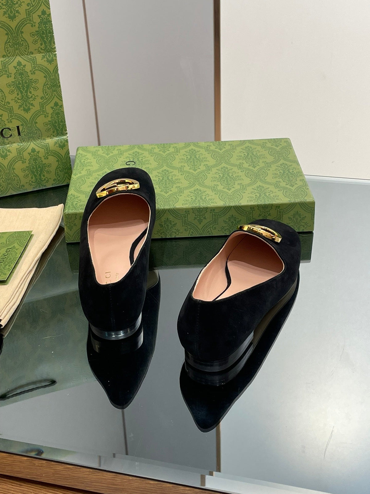 BLONDIE LOGO-PLAQUE LOAFERS IN BLACK SUEDE WITH GOLD HARDWARE