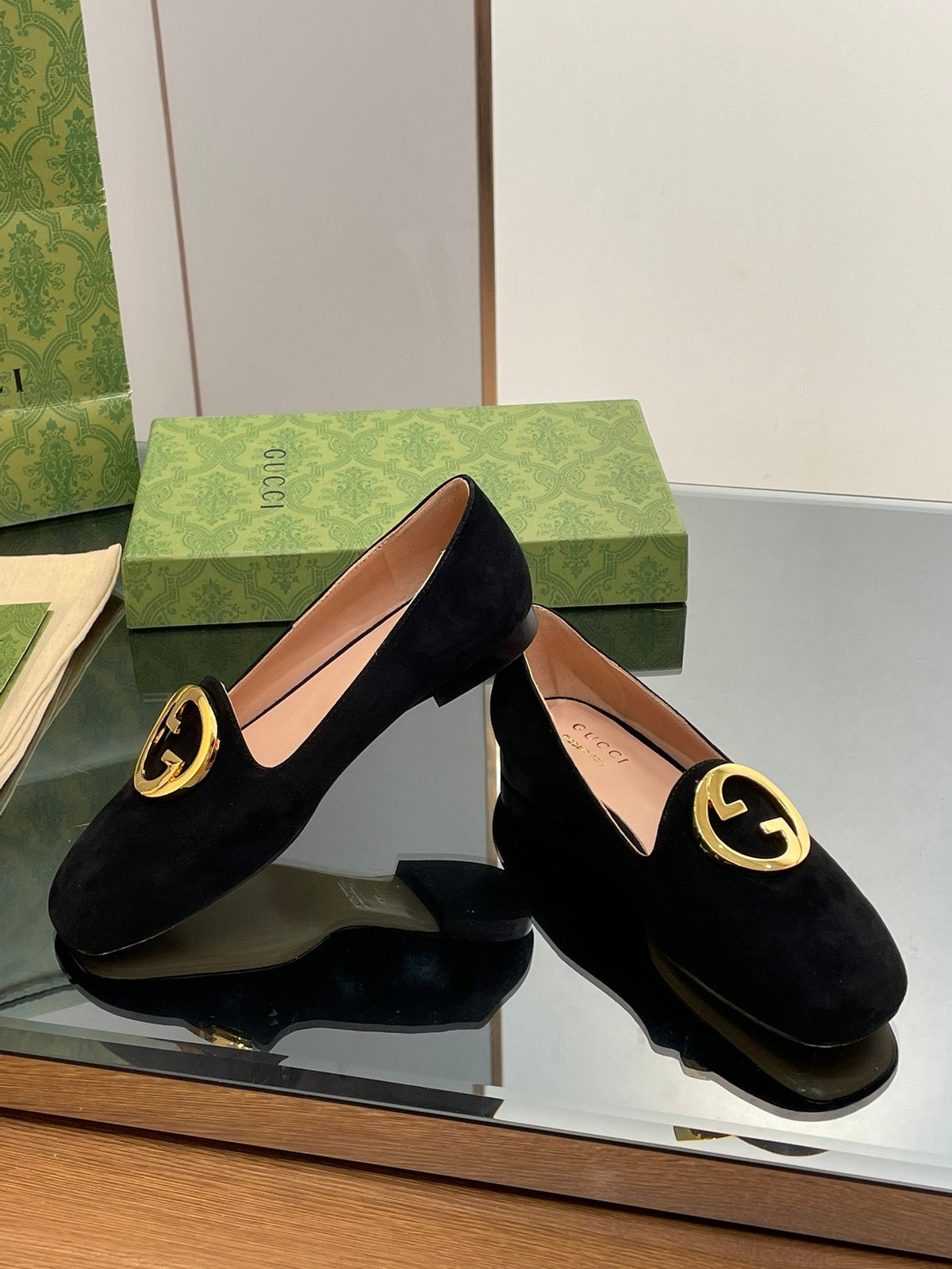 BLONDIE LOGO-PLAQUE LOAFERS IN BLACK SUEDE WITH GOLD HARDWARE