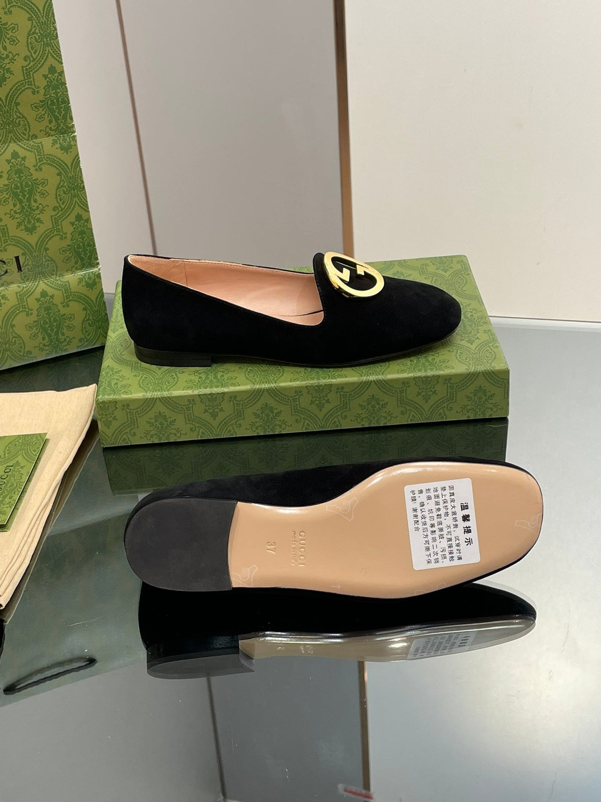 BLONDIE LOGO-PLAQUE LOAFERS IN BLACK SUEDE WITH GOLD HARDWARE
