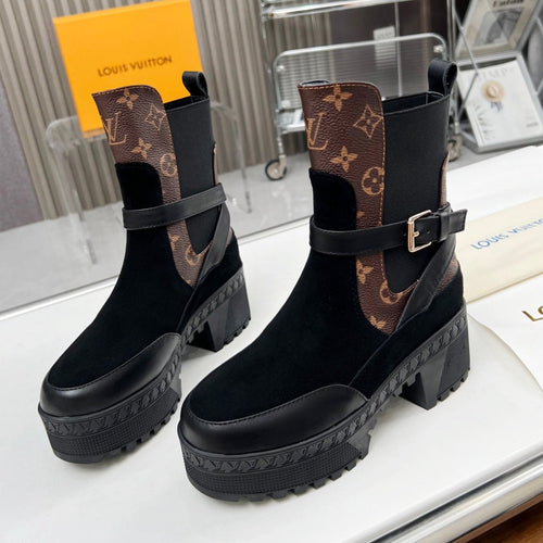 LAUREATE PLATFORM DESERT BOOT IN BLACK SUEDE AND BROWN CALFSKIN