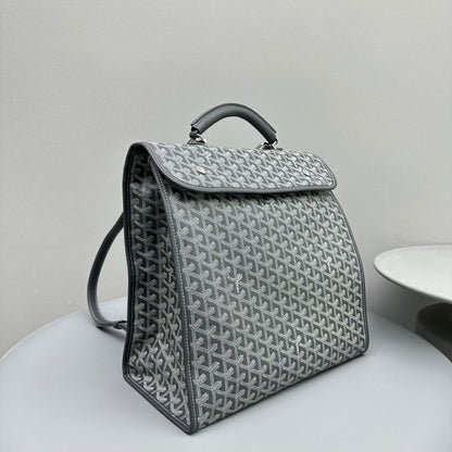 LEGER BACKPACK 37 IN GRAY GOYARDINE CANVAS WITH CALFSKIN TRIM