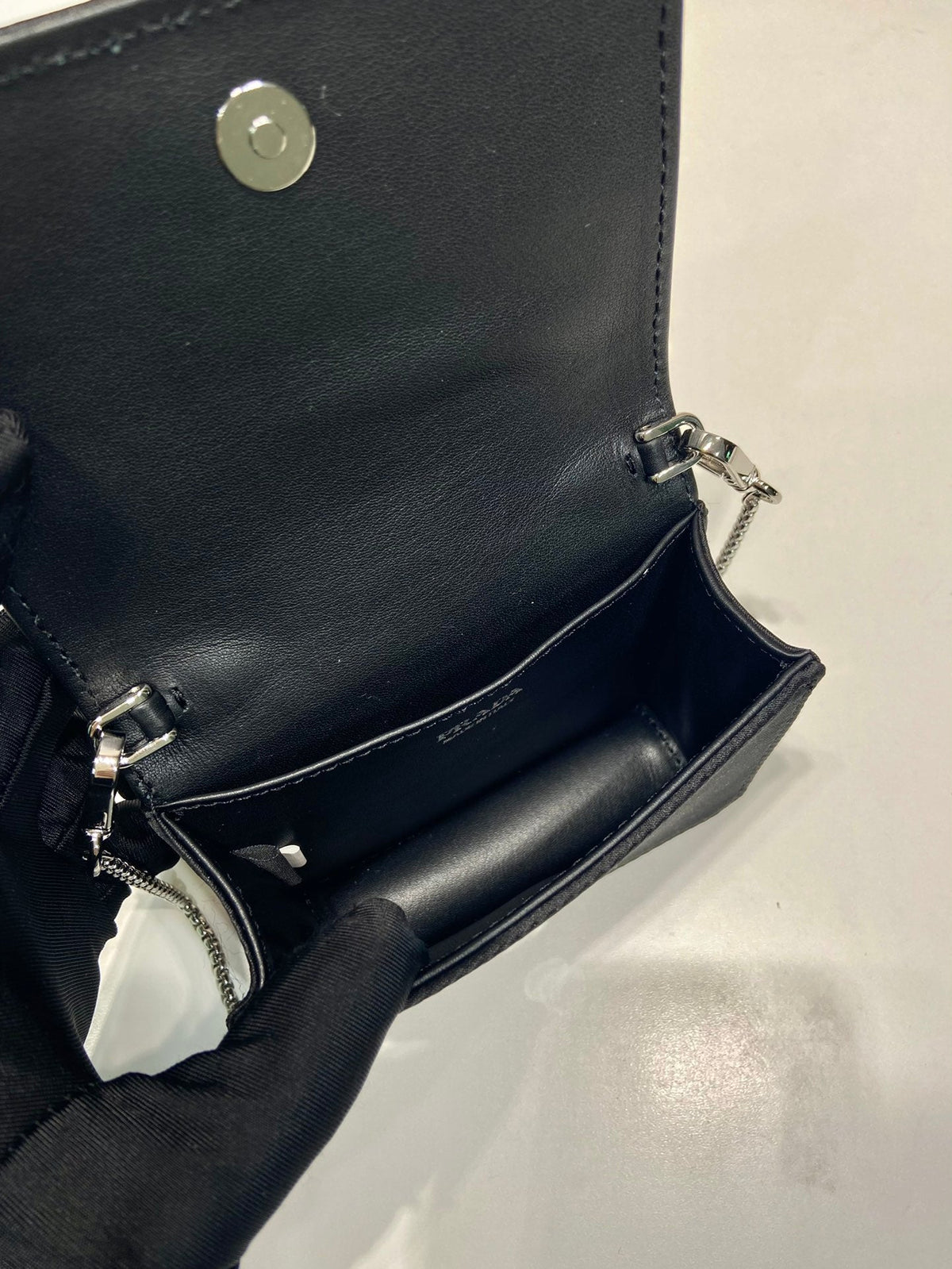 MINI FLAP BAG 11 IN BLACK DUCHESSE FABRIC ATTACHED FULL CRYSTALS SILVER CHAIN