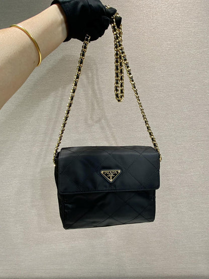 LARGE QUILTED FLAP BAG 23 IN BLACK RE-NYLON FABRIC GOLD CHAIN