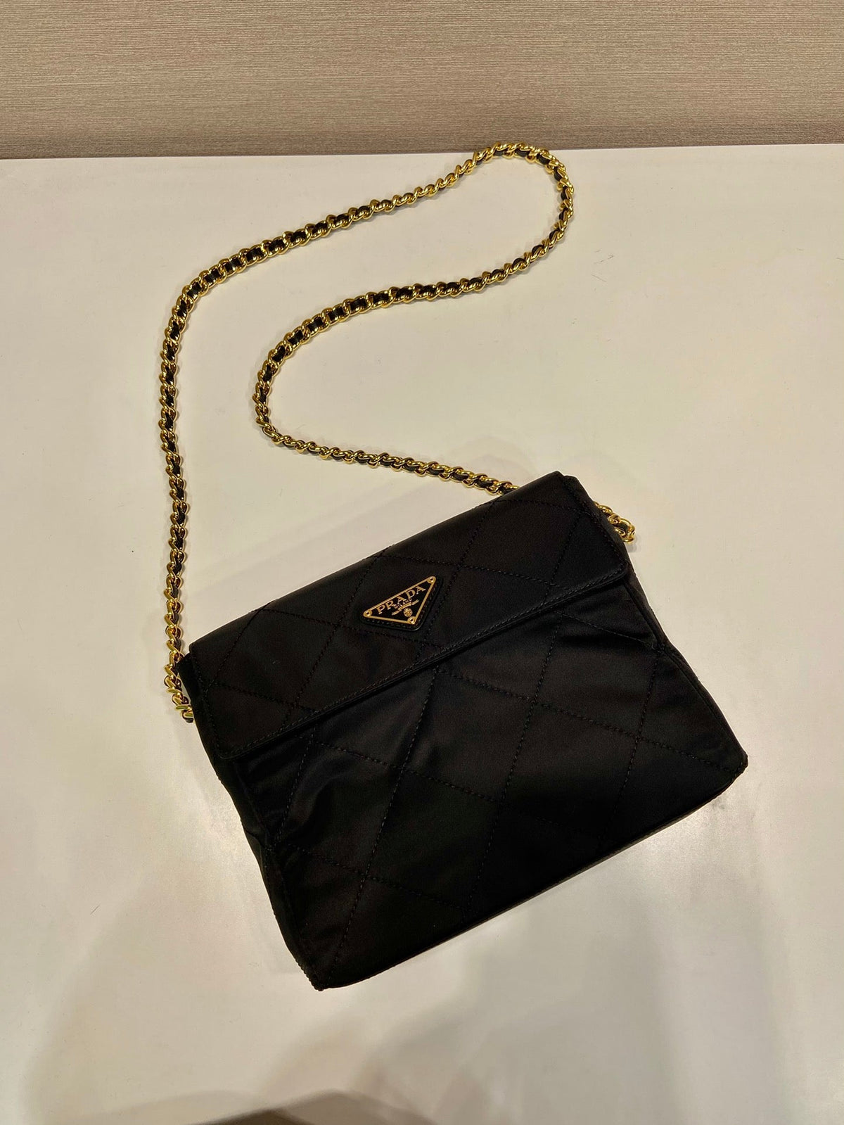 LARGE QUILTED FLAP BAG 23 IN BLACK RE-NYLON FABRIC GOLD CHAIN
