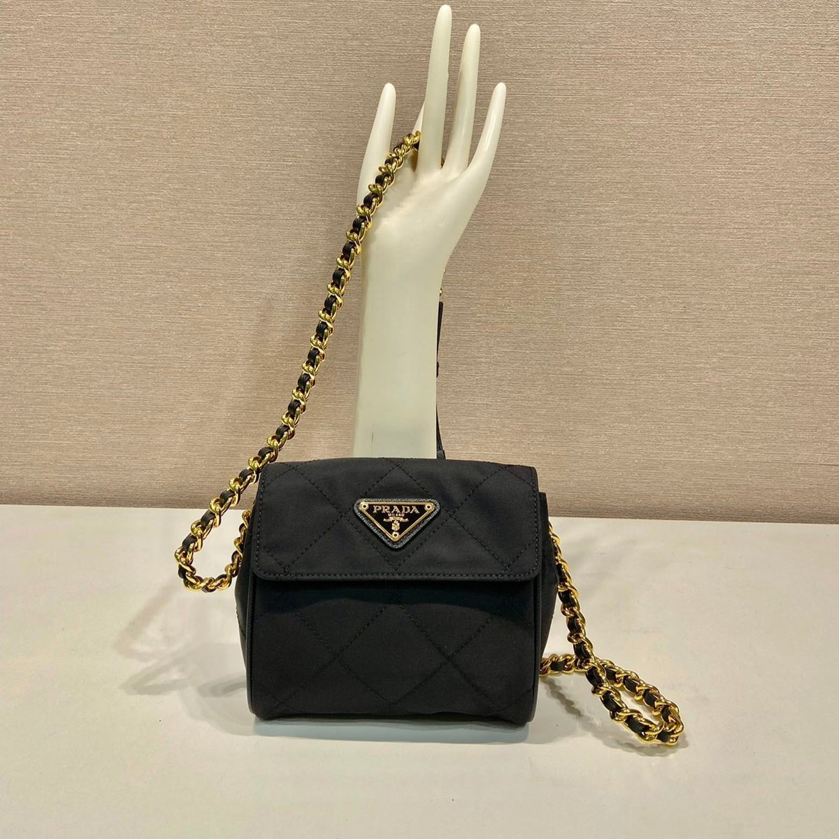 MINI QUILTED FLAP BAG 14 IN BLACK RE-NYLON FABRIC GOLD CHAIN