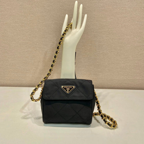 MINI QUILTED FLAP BAG 14 IN BLACK RE-NYLON FABRIC GOLD CHAIN