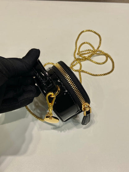 MINI ROUND BAG 8 IN BLACK GLOSSY CALFSKIN GOLD HARDWARE