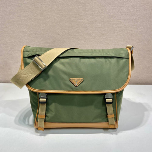 LARGE FLAP BAG 30 IN SEAWEED GREEN RE-NYLON AND BROWN CALFSKIN TRIM