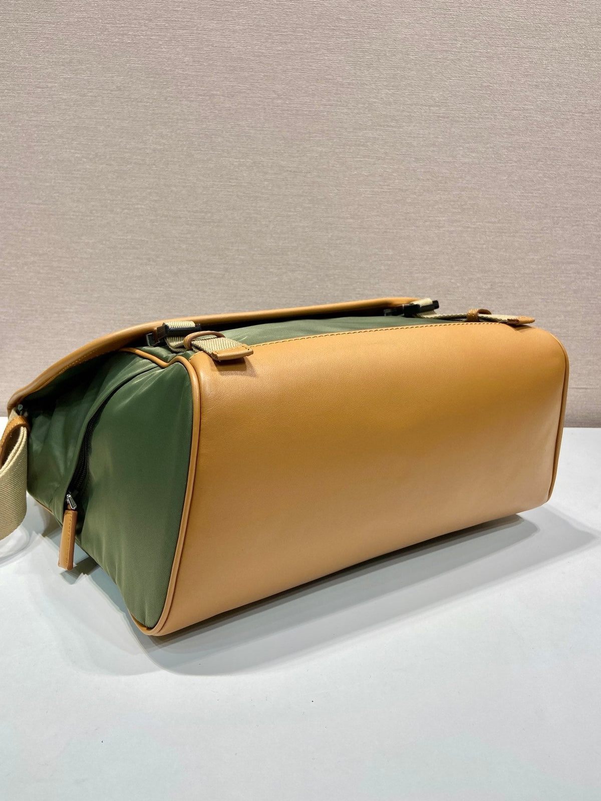 LARGE FLAP BAG 30 IN SEAWEED GREEN RE-NYLON AND BROWN CALFSKIN TRIM