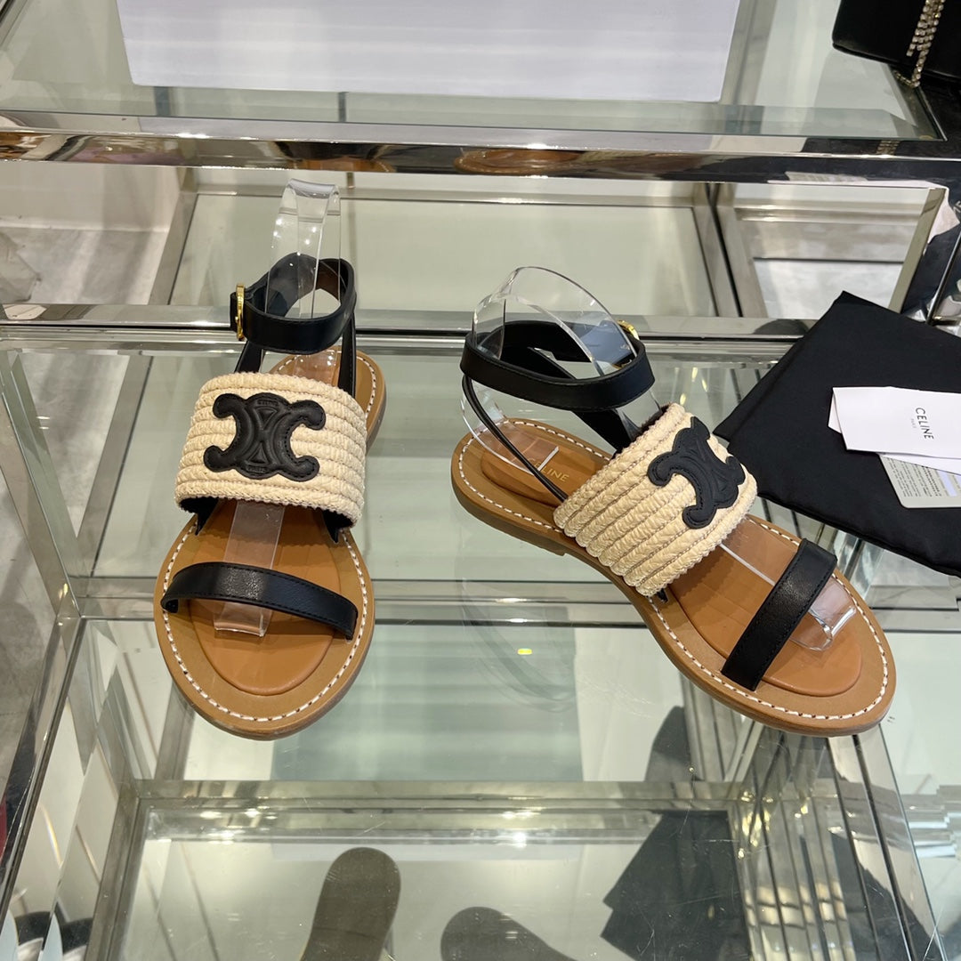 LYMPIAR FLAT STRAP SANDAL IN RAFFIA CALFSKIN BLACK BEIGE