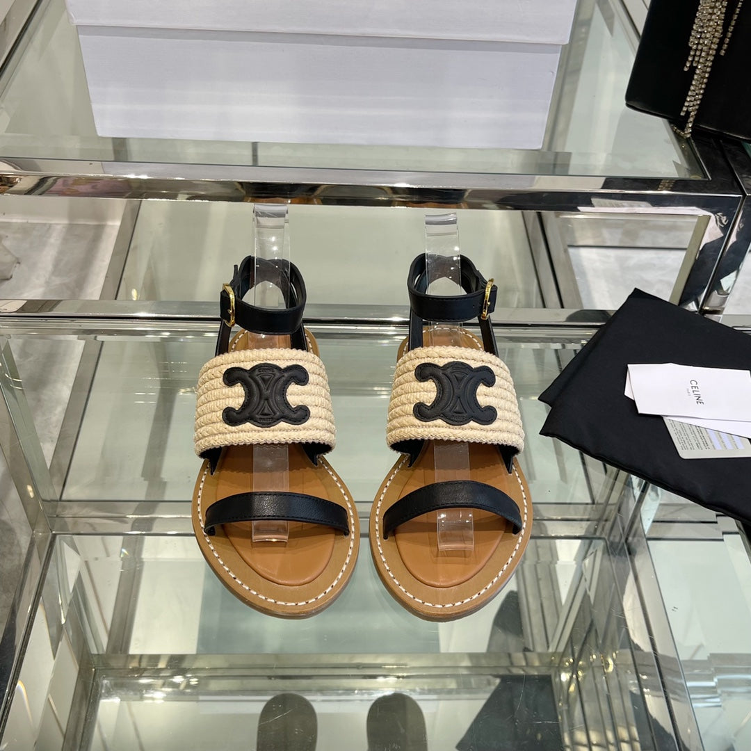LYMPIAR FLAT STRAP SANDAL IN RAFFIA CALFSKIN BLACK BEIGE