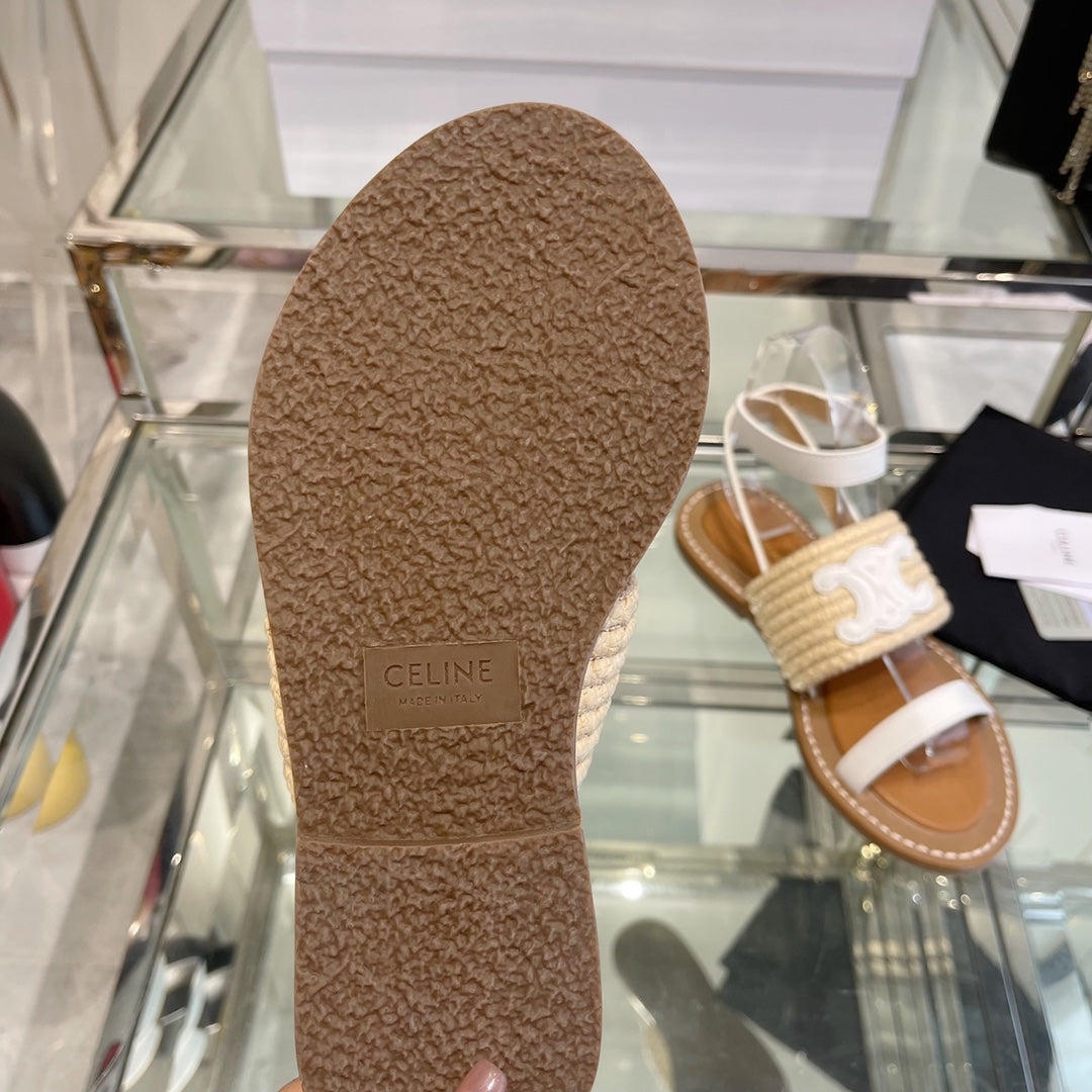 LYMPIAR FLAT STRAP SANDAL IN RAFFIA CALFSKIN WHITE BEIGE