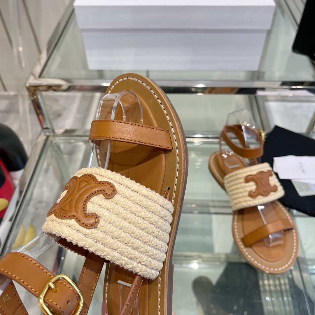 LYMPIAR FLAT STRAP SANDAL IN RAFFIA CALFSKIN WHITE CARAMEL BROWN