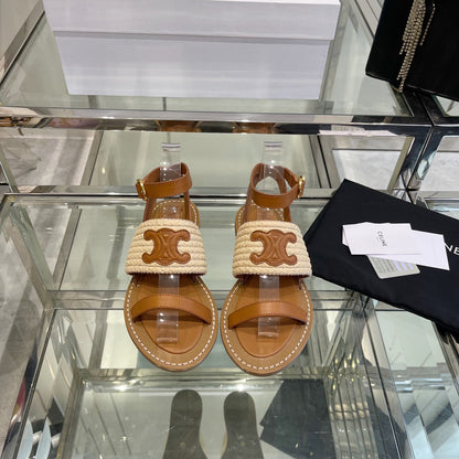 LYMPIAR FLAT STRAP SANDAL IN RAFFIA CALFSKIN WHITE CARAMEL BROWN