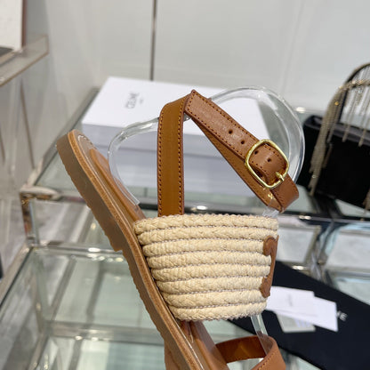 LYMPIAR FLAT STRAP SANDAL IN RAFFIA CALFSKIN WHITE CARAMEL BROWN