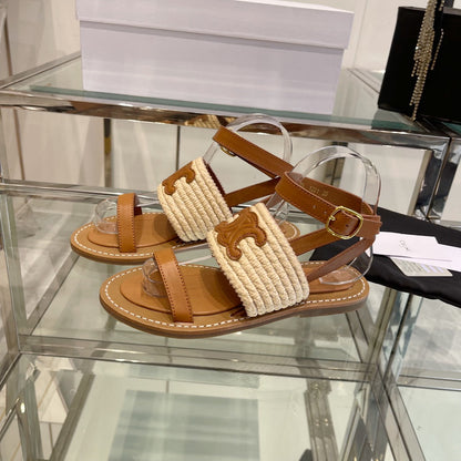 LYMPIAR FLAT STRAP SANDAL IN RAFFIA CALFSKIN WHITE CARAMEL BROWN