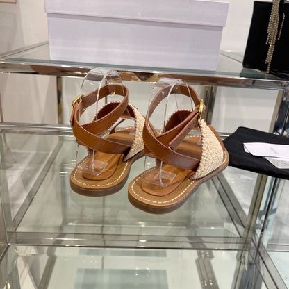 LYMPIAR FLAT STRAP SANDAL IN RAFFIA CALFSKIN WHITE CARAMEL BROWN