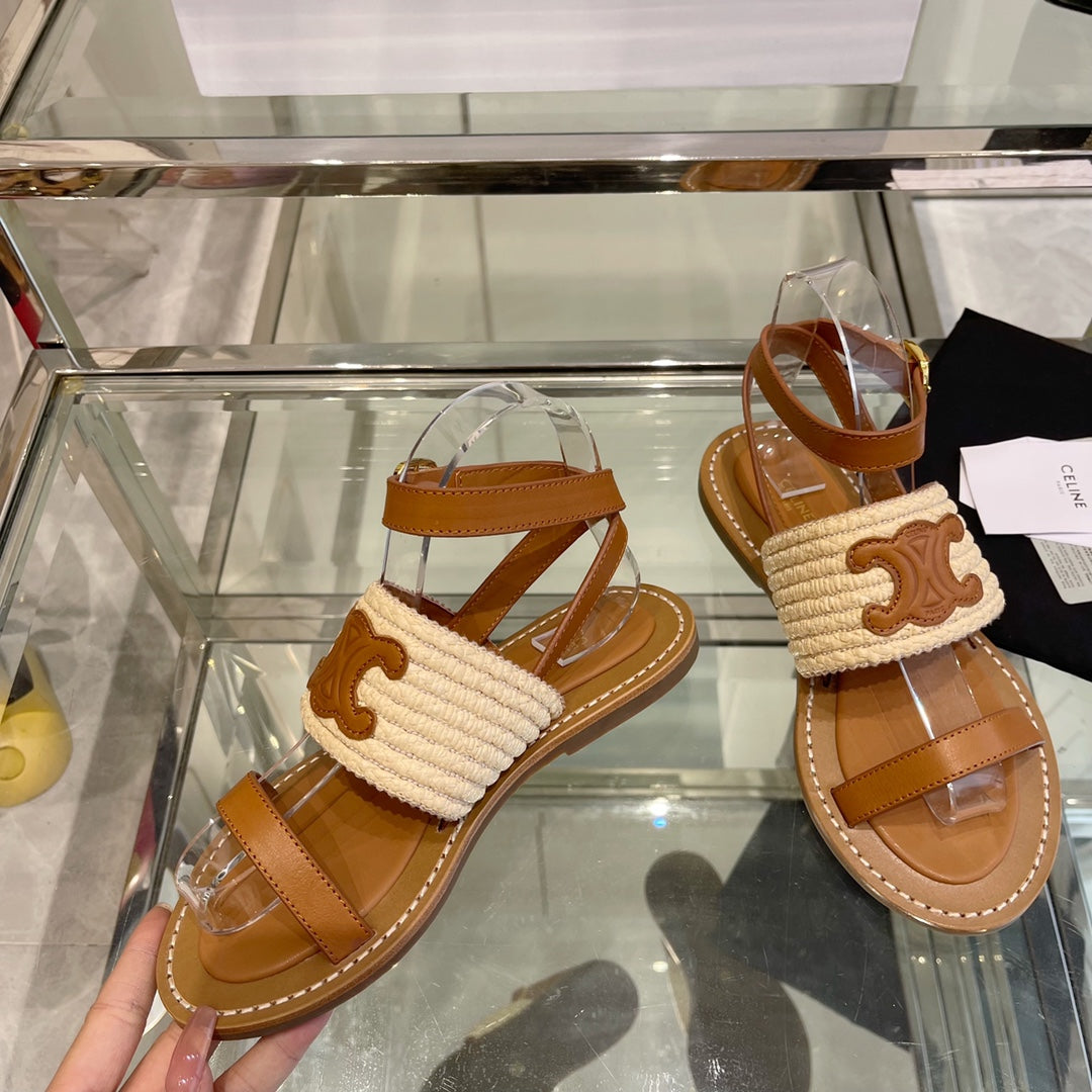 LYMPIAR FLAT STRAP SANDAL IN RAFFIA CALFSKIN WHITE CARAMEL BROWN