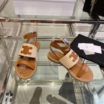 LYMPIAR FLAT STRAP SANDAL IN RAFFIA CALFSKIN WHITE CARAMEL BROWN