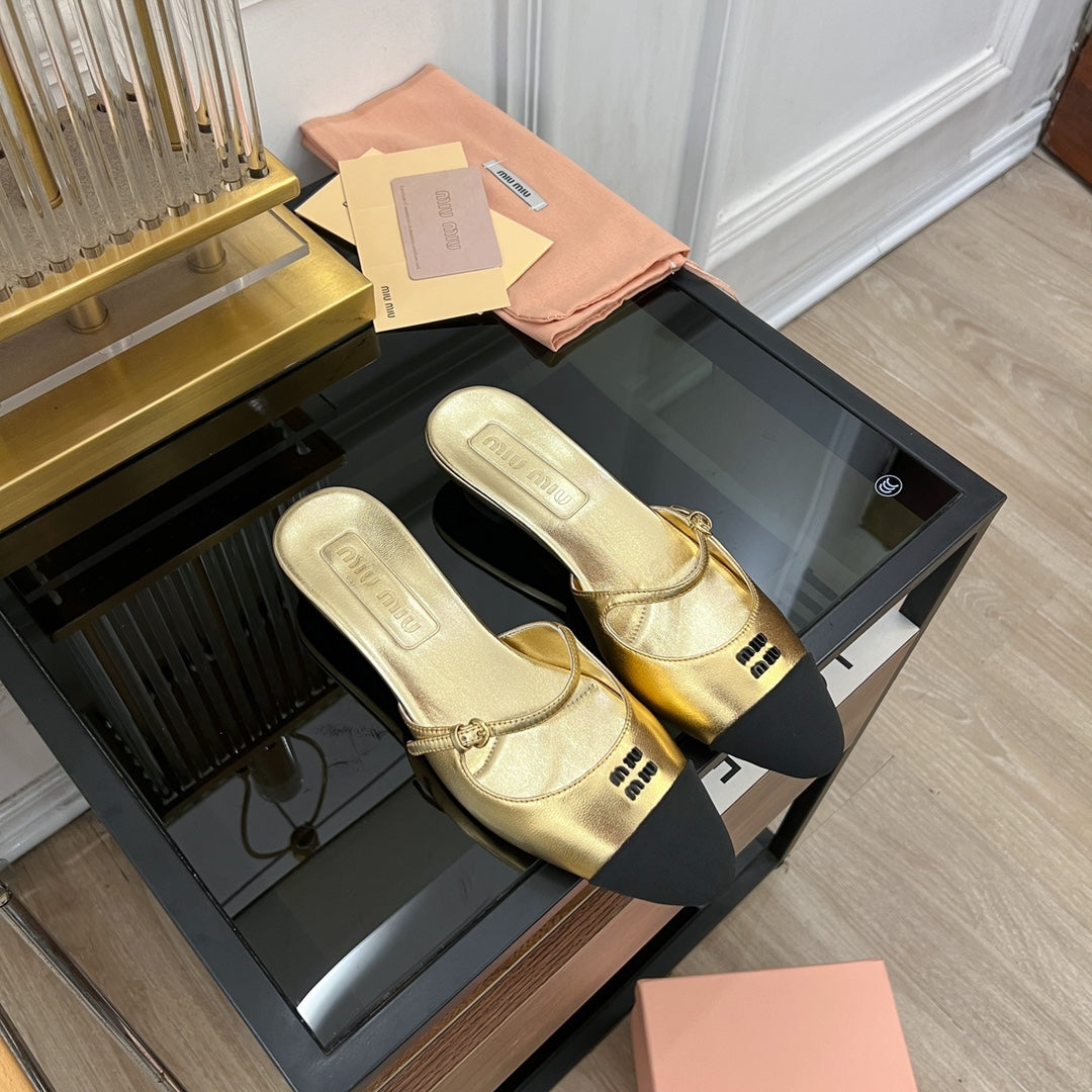 Cap Toe Mules Metallic Gold Color Sheepskin