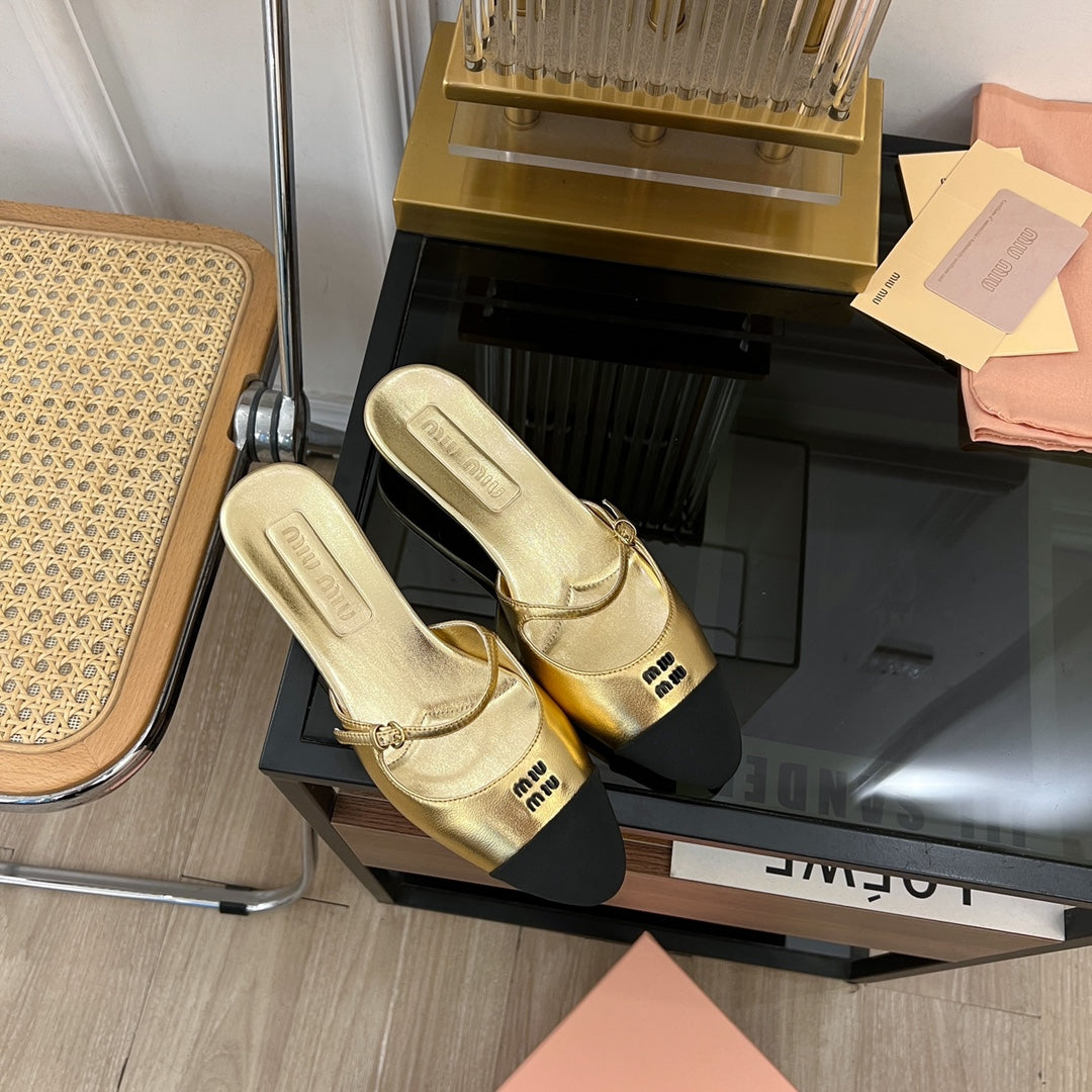 Cap Toe Mules Metallic Gold Color Sheepskin