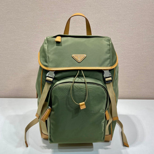 BACKPACK 45 IN SEAWEED GREEN RE-NYLON AND BROWN CALFSKIN TRIM