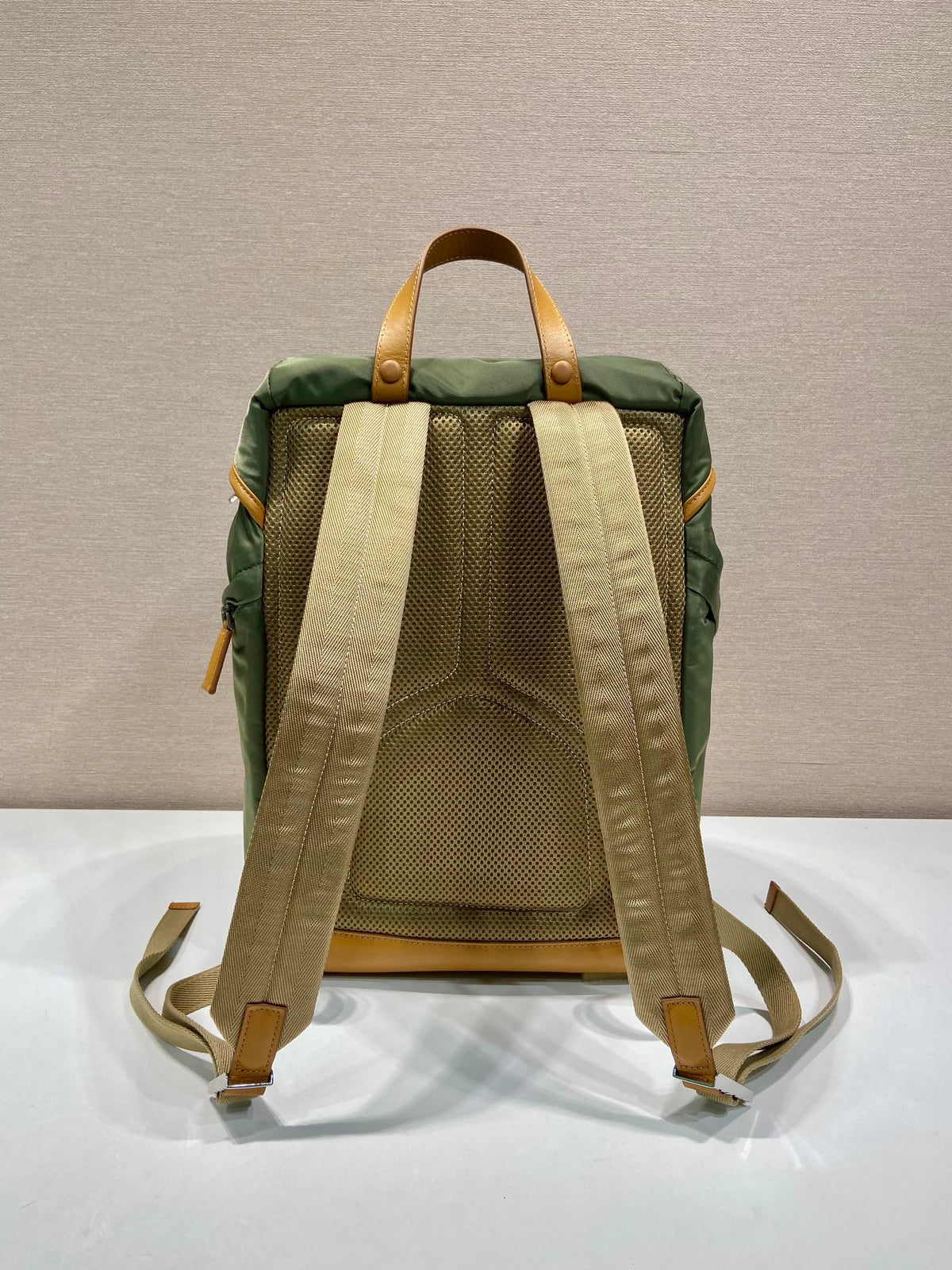 BACKPACK 45 IN SEAWEED GREEN RE-NYLON AND BROWN CALFSKIN TRIM