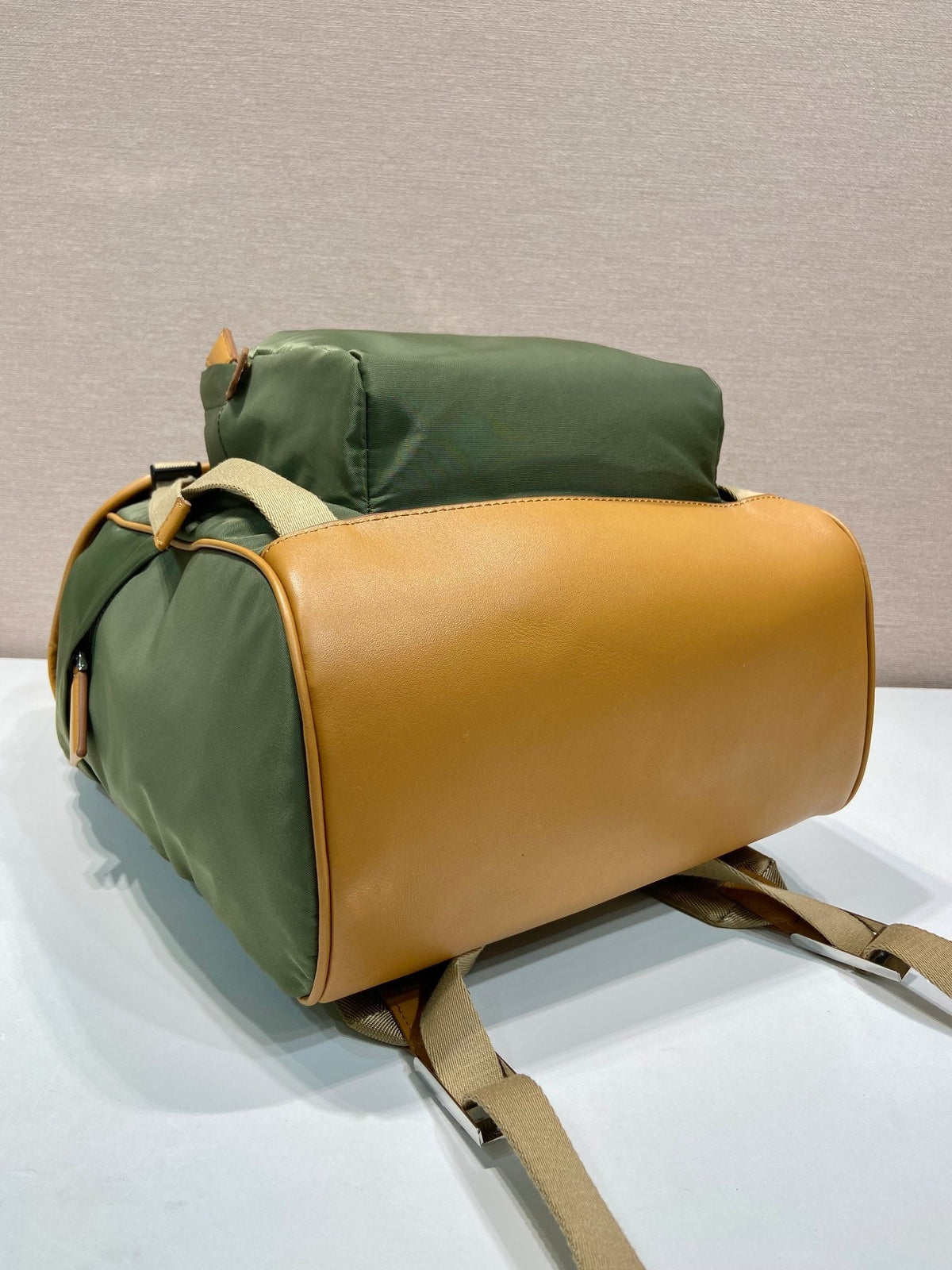 BACKPACK 45 IN SEAWEED GREEN RE-NYLON AND BROWN CALFSKIN TRIM