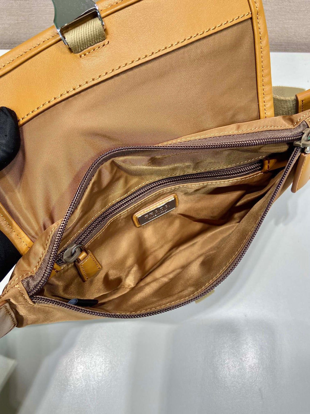 BELT BAG 18 IN SEPIA BROWN RE-NYLON AND CALFSKIN TRIM