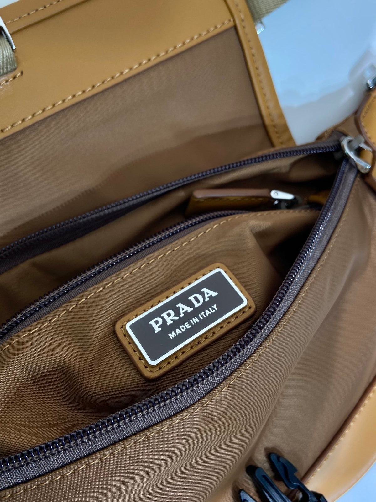 BELT BAG 18 IN SEPIA BROWN RE-NYLON AND CALFSKIN TRIM