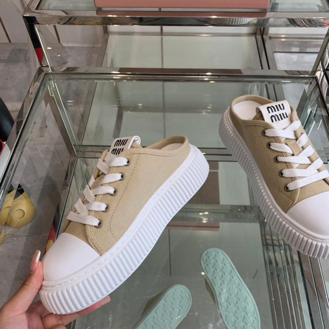 Mule Shoes Khaki And White Canvas