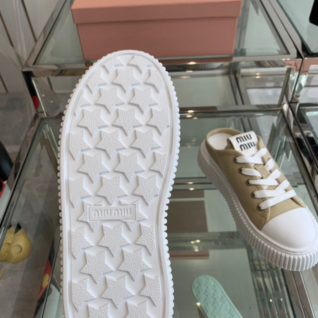 Mule Shoes Khaki And White Canvas