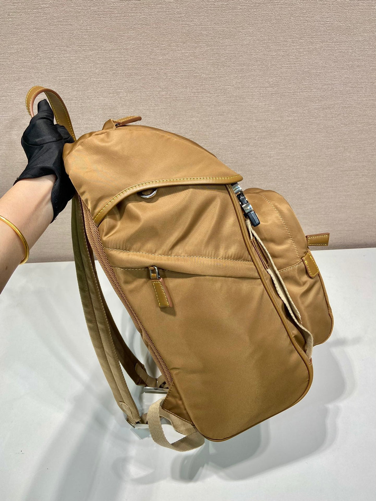 BACKPACK 45 IN CIDER BROWN RE-NYLON AND CALFSKIN TRIM