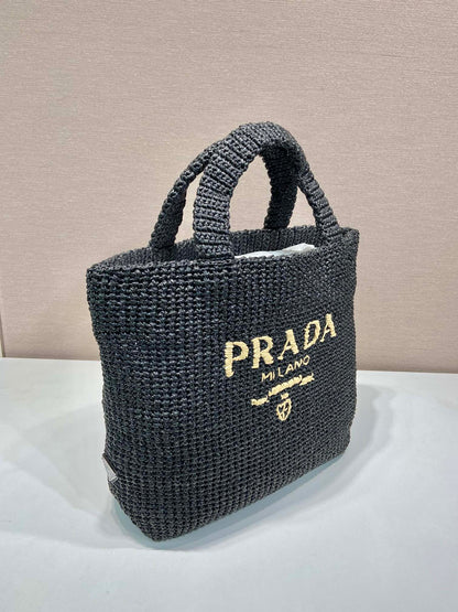 LARGE CROCHET TOTE BAG 47 IN BLACK MIX YELLOW RAFFIA