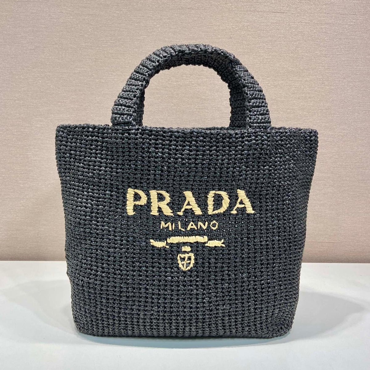 LARGE CROCHET TOTE BAG 47 IN BLACK MIX YELLOW RAFFIA