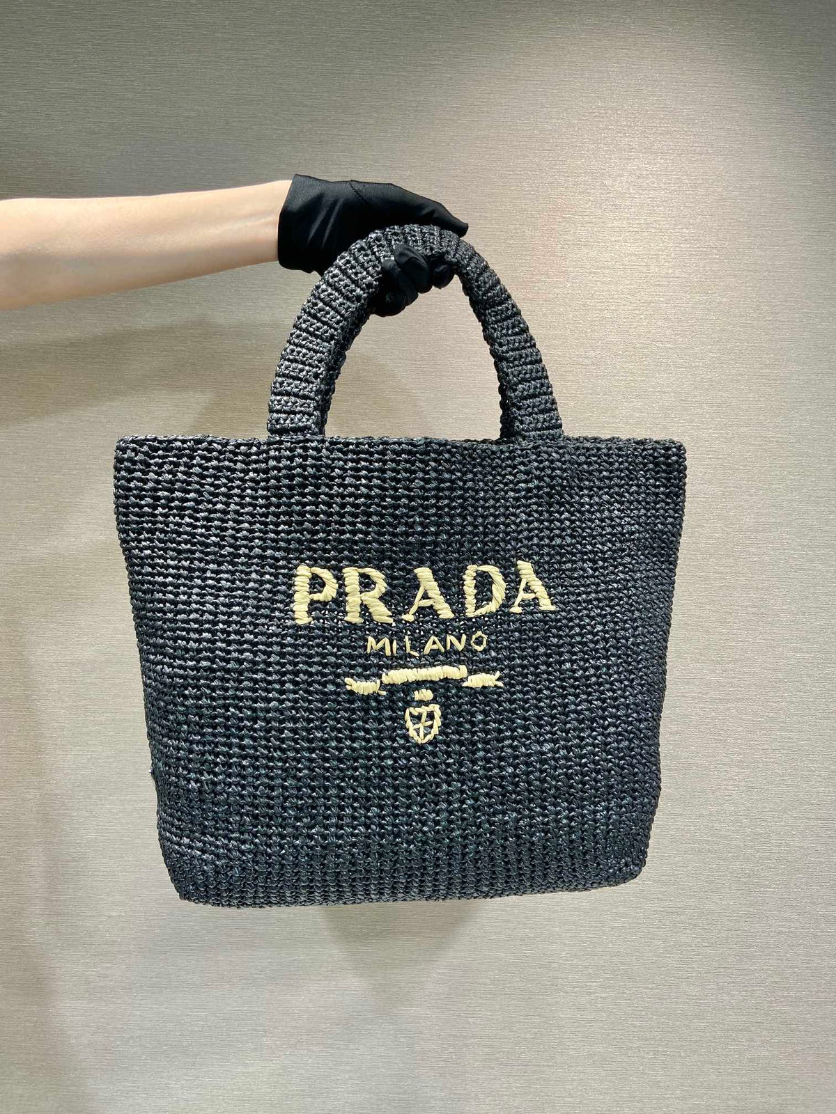 LARGE CROCHET TOTE BAG 47 IN BLACK MIX YELLOW RAFFIA