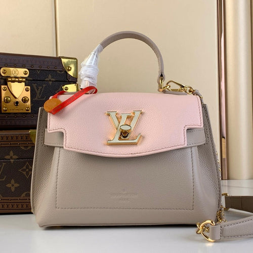 LOCKME EVER MINI 23 IN KHAKI BROWN MIX LIGHT PINK CALFSKIN GOLD HARDWARE