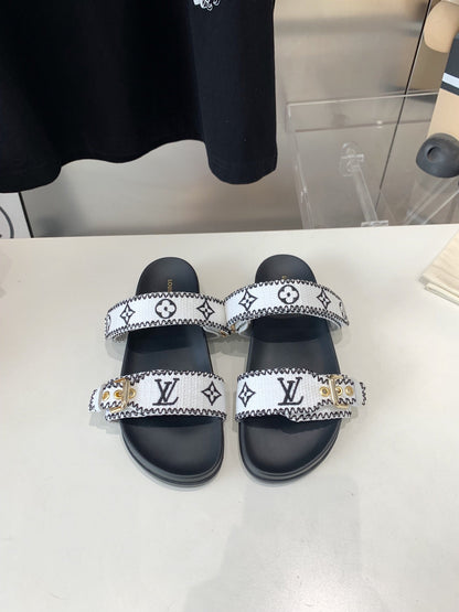 LV WOMEN SUNSET DAD SANDAL IN WHITE MIX BLACK MONOGRAM FABRIC MULE