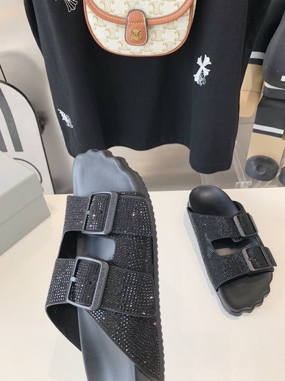 BIRKENSTOCK SLIPPERS ATTACHED RHINESTONES IN BLACK CALFSKIN
