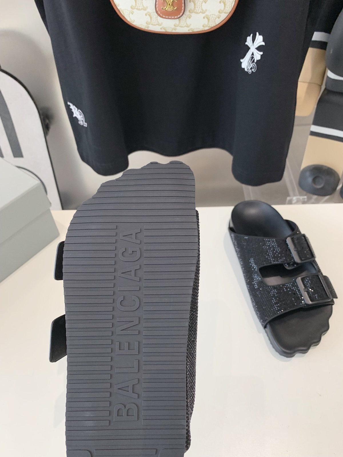 BIRKENSTOCK SLIPPERS ATTACHED RHINESTONES IN BLACK CALFSKIN
