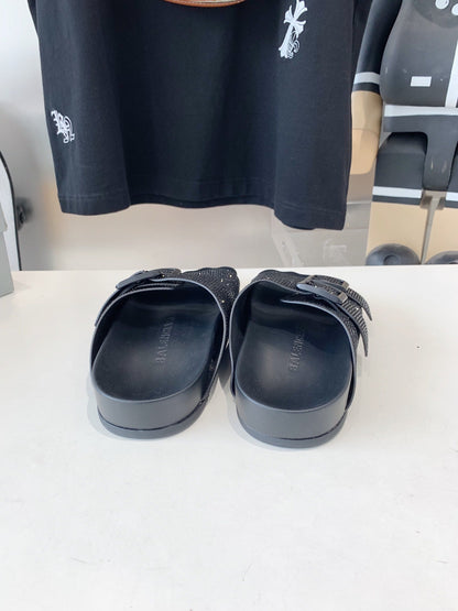 BIRKENSTOCK SLIPPERS ATTACHED RHINESTONES IN BLACK CALFSKIN