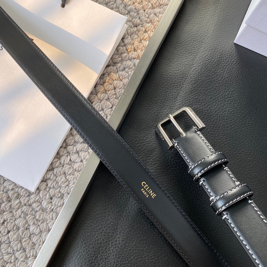 BELT 25MM IN BLACK REVERSIBLE ITALIAN CALFSKIN WITH VINTAGE SILVER BUCKLE WHITE STITCHING