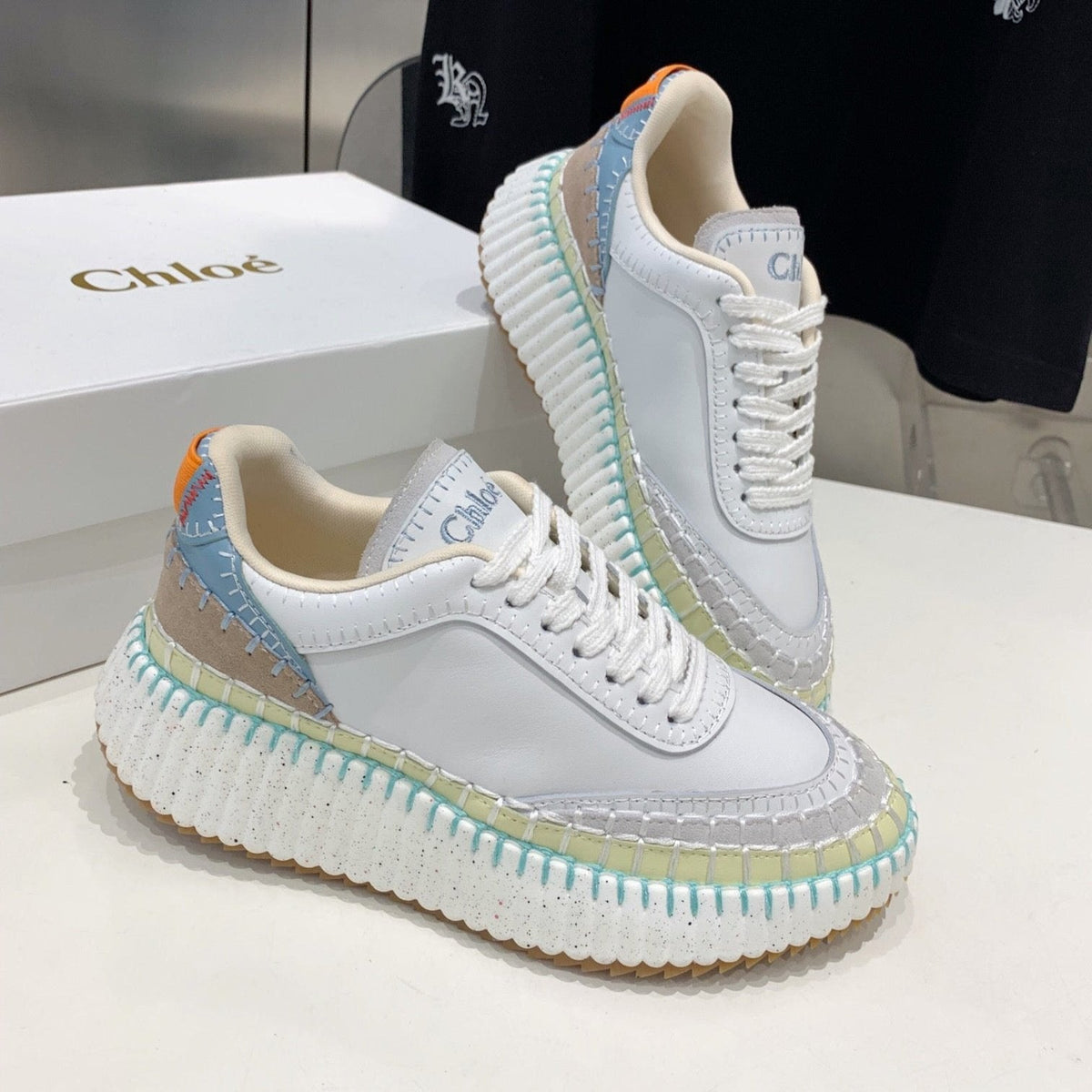 NAMA SNEAKER 5 CM IN WHITE MIX GREEN CALFSKIN