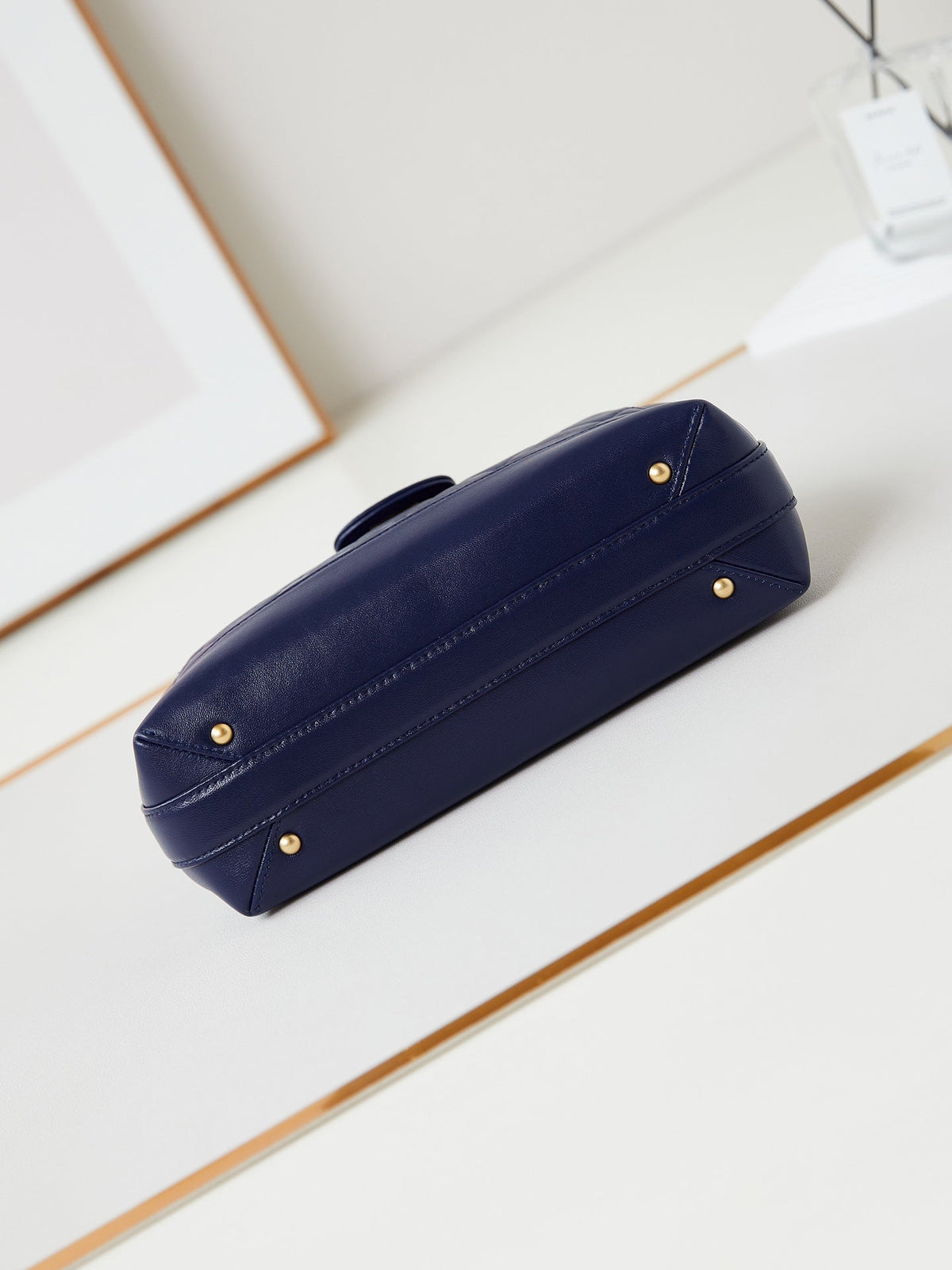 MEDIUM TOP HANDLE BAG 23 IN NAVY BLUE OIL-WAX LAMBSKIN GOLD HARDWARE