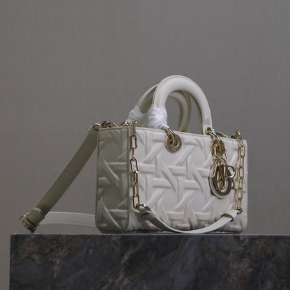 LADY D-JOY BAG 26 IN WHITE GRAPHIC CANNAGE CALFSKIN PALE GOLD-FINISH METAL CHARMS
