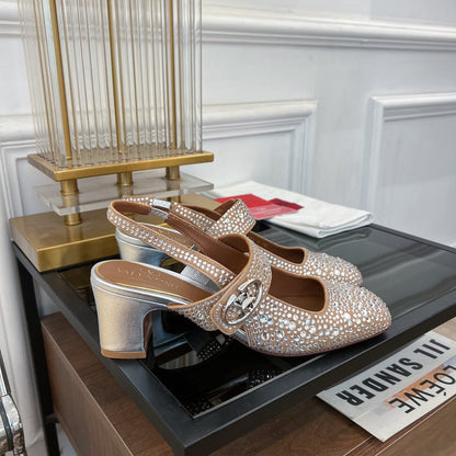 MARY-JANE VLOGO LOCKER SLINGBACK PUMPS CHOCOLATE BROWN SHEEPSKIN WITH 60MM CRYSTALS