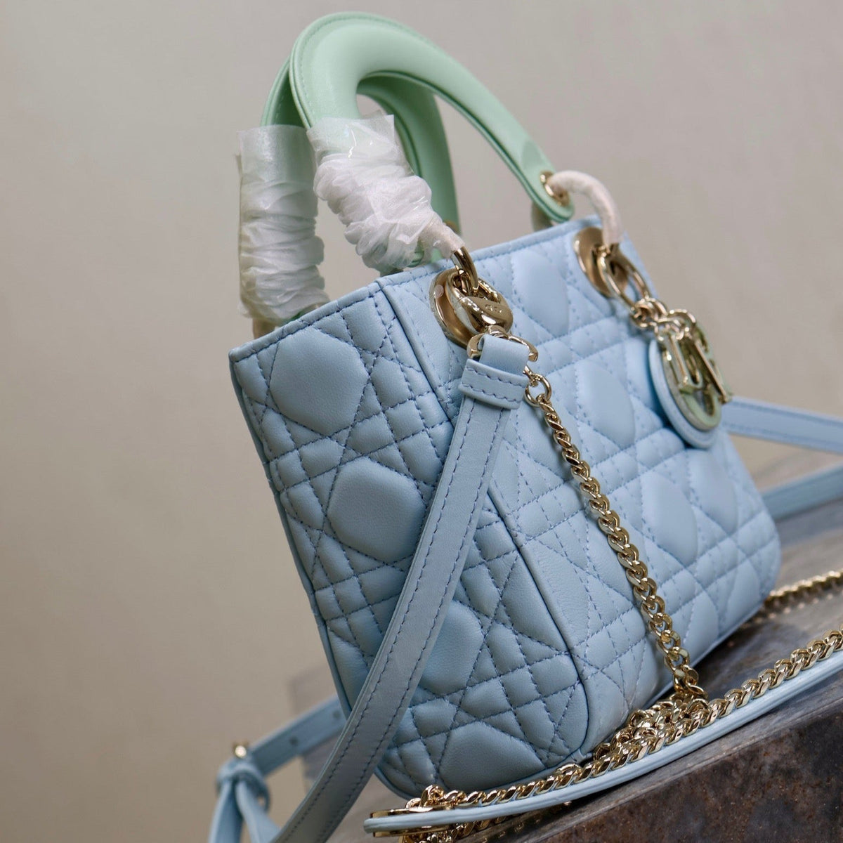 MINI LADY BAG 17 IN BABY BLUE QUILTED MACROCANNAGE CALFSKIN GREEN STRAP