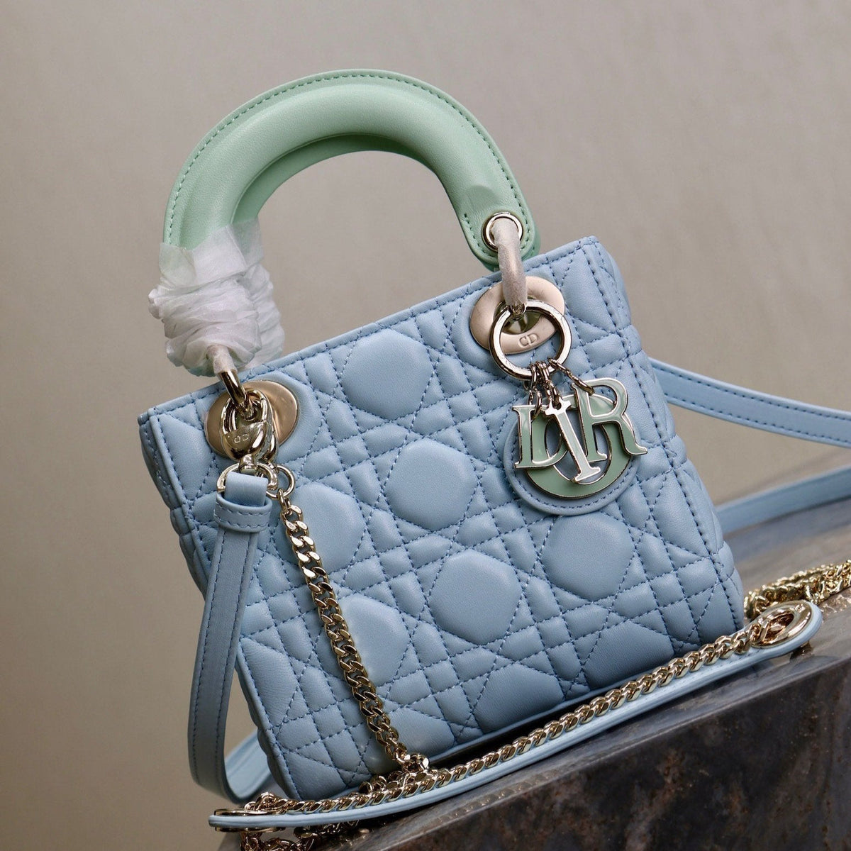 MINI LADY BAG 17 IN BABY BLUE QUILTED MACROCANNAGE CALFSKIN GREEN STRAP