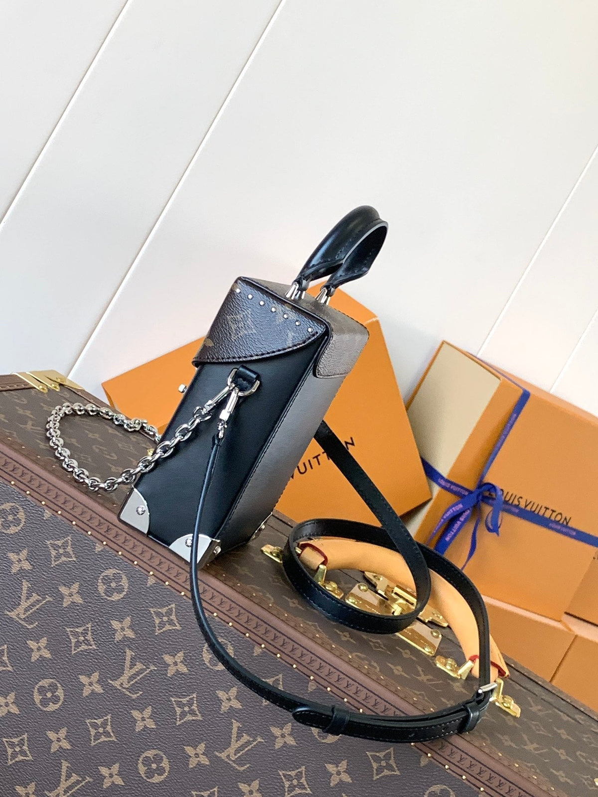 CAMERA BOX VIVE BAG 17 IN BLACK MONOGRAM CALFSKIN SILVER-TONE METALLIC