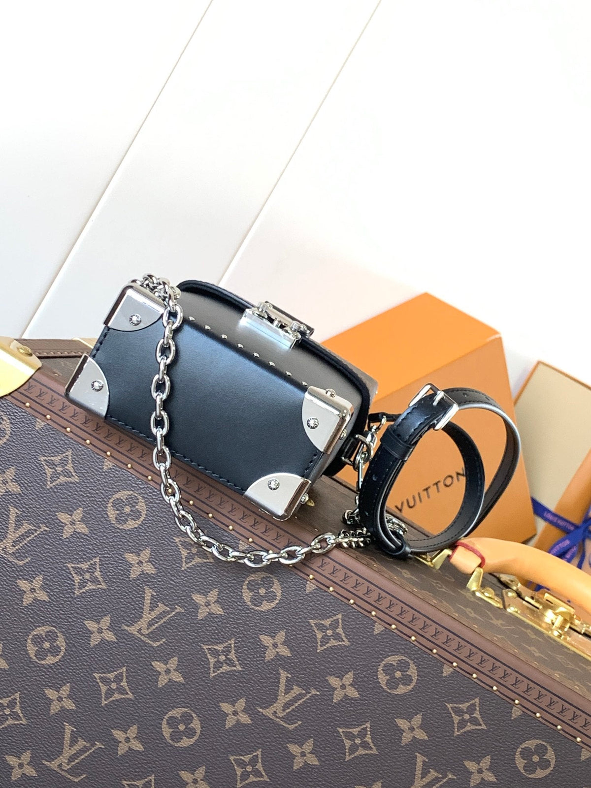 CAMERA BOX VIVE BAG 17 IN BLACK MONOGRAM CALFSKIN SILVER-TONE METALLIC